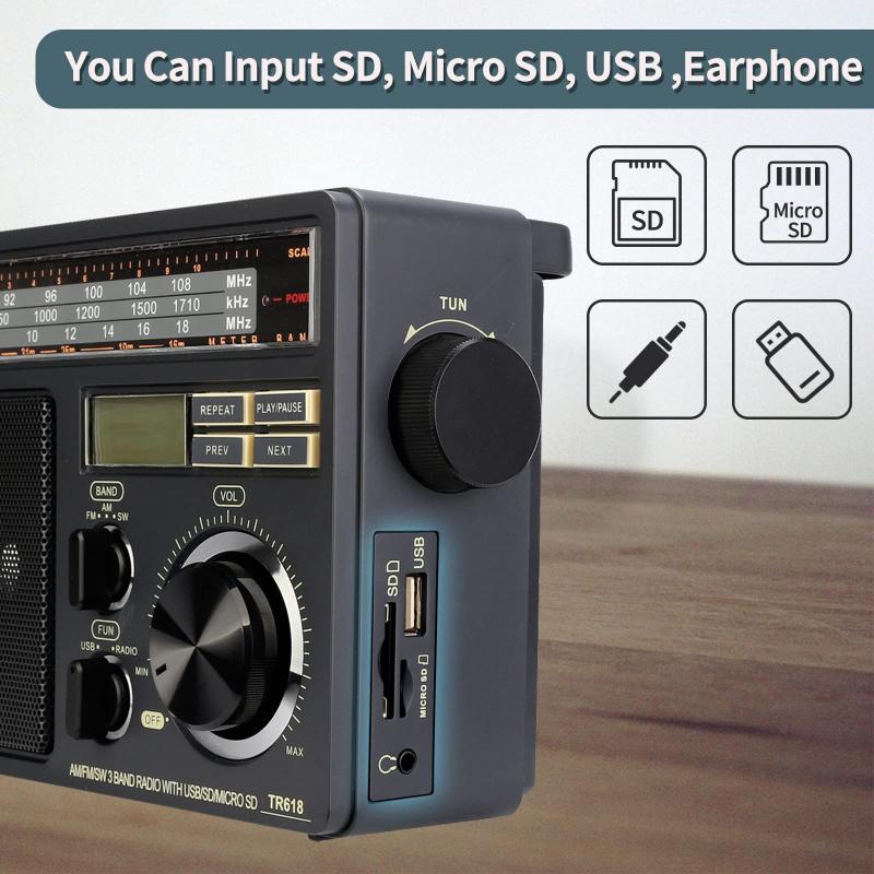 Rádio FM AM portátil Retekess TR618 com SD, Micro SD e USB - Rádio